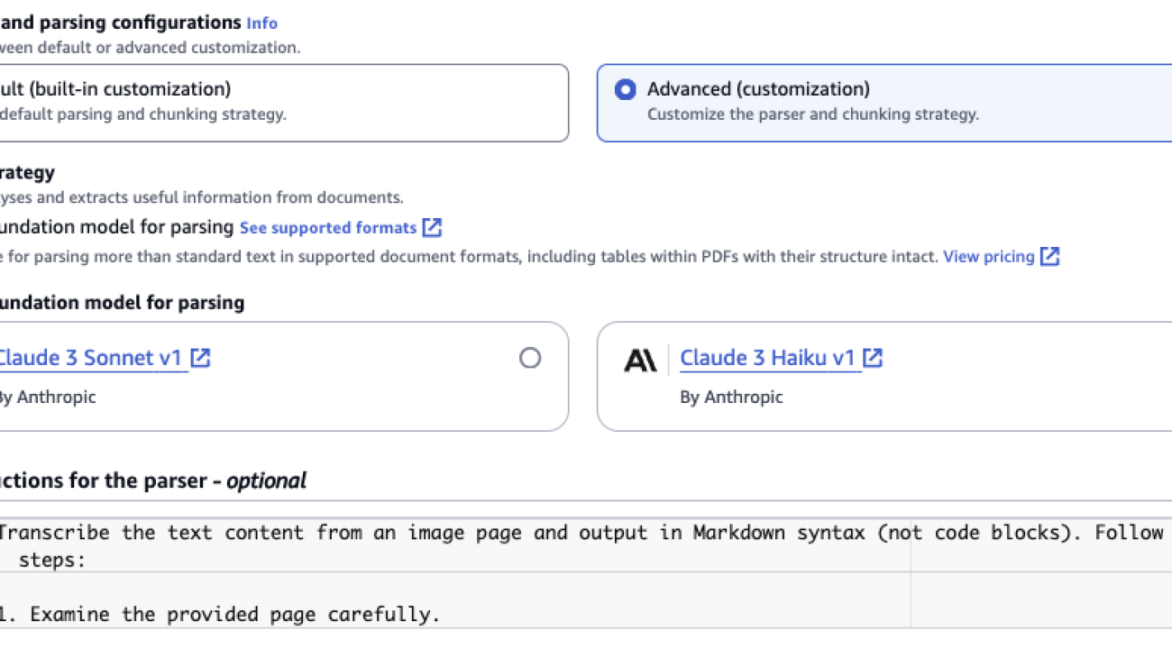 Knowledge Bases for Amazon Bedrock now supports advanced parsing, chunking, and query reformulation giving greater control of accuracy in RAG based applications